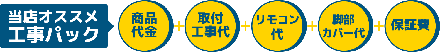当店おすすめ工事パックは商品代金+取付工事代+リモコン代+脚部カバー代+保証費
